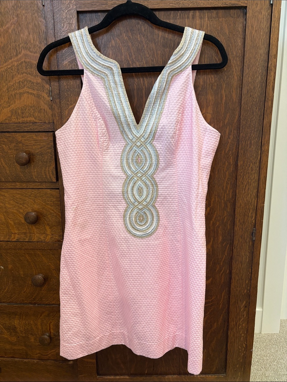 Lilly Pulitzer Pink Textured Shift Dress with Gold Trim
